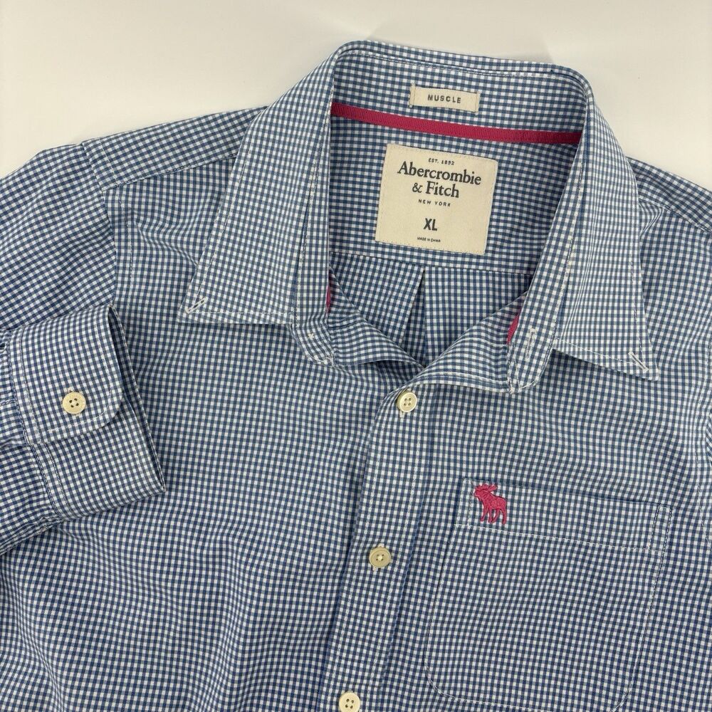 Abercrombie Fitch‎ Muscle Fit  Blue White Gingham LS Button Down Shirt Men XL